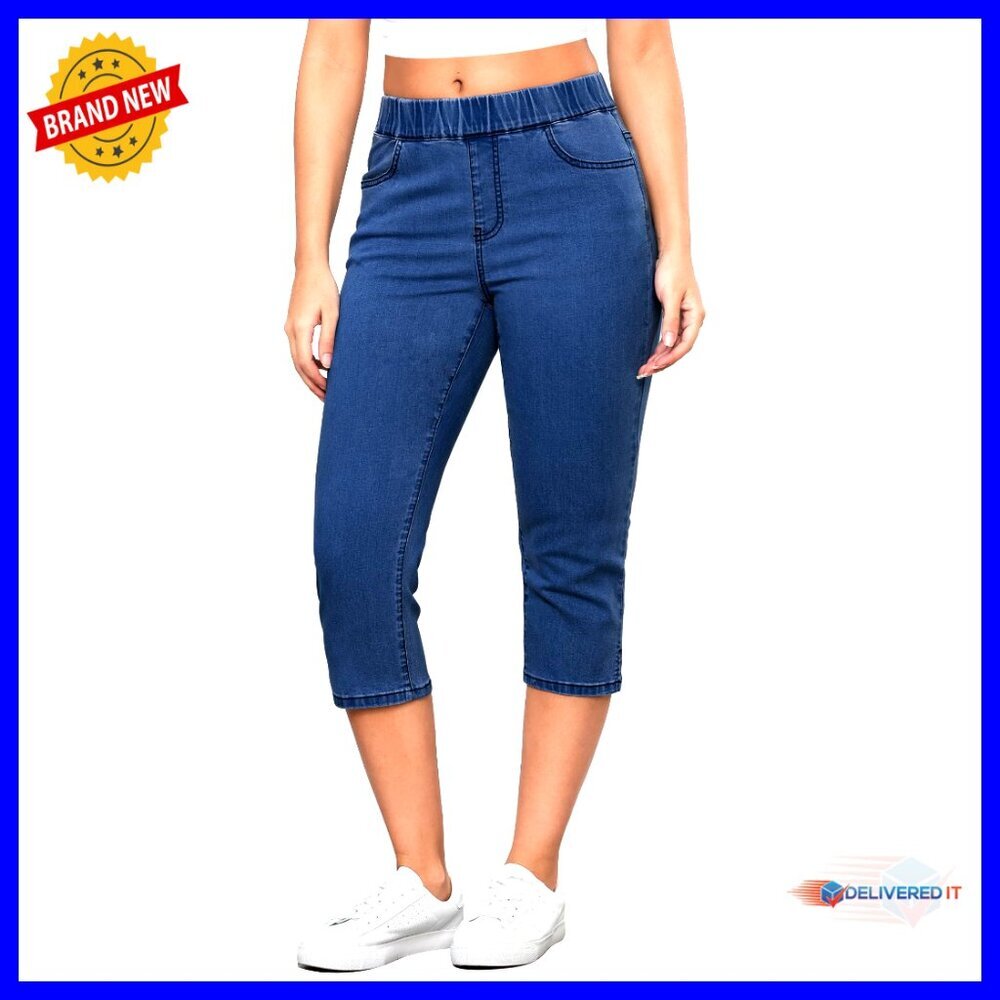 High Waisted Stretchy Denim Capris Pull On Elastic Waist Split Hem